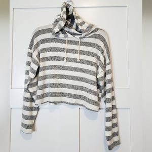 Caution To The Wind Cropped Hoodie Striped Gray & White With Stretch Size Small